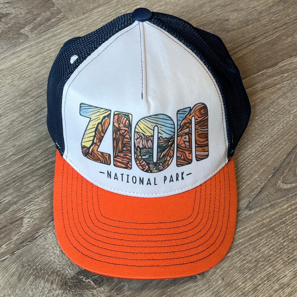 Wild Tribute Zion National Park Trucker Hat Navy Blue Orange Snapback Mesh Cap